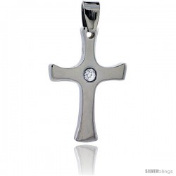 Stainless Steel Cross Pendant w/ 3 mm Crystal, 1 1/4 in (32 mm) tall, w/ 30 in Chain