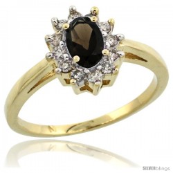 10k Yellow Gold Smoky Topaz Diamond Halo Ring Oval Shape 1.2 Carat 6X4 mm, 1/2 in wide