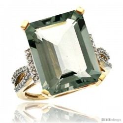 10k Yellow Gold Diamond Green-Amethyst Ring 12 ct Emerald Shape 16x12 Stone 3/4 in wide