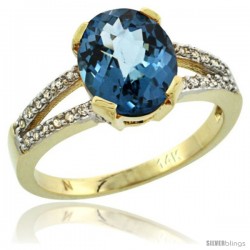 14k Yellow Gold and Diamond Halo London Blue Topaz Ring 2.4 carat Oval shape 10X8 mm, 3/8 in (10mm) wide