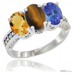 14K White Gold Natural Citrine, Tiger Eye & Tanzanite Ring 3-Stone 7x5 mm Oval Diamond Accent