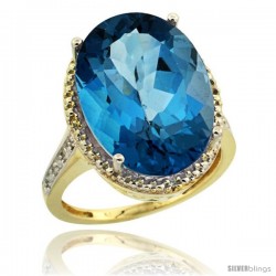 14k Yellow Gold Diamond London Blue Topaz Ring 13.56 Carat Oval Shape 18x13 mm, 3/4 in (20mm) wide