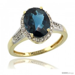 14k Yellow Gold Diamond London Blue Topaz Ring 2.4 ct Oval Stone 10x8 mm, 1/2 in wide