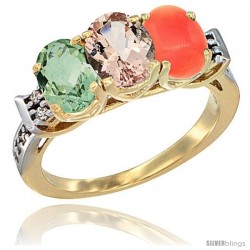 10K Yellow Gold Natural Green Amethyst, Morganite & Coral Ring 3-Stone Oval 7x5 mm Diamond Accent