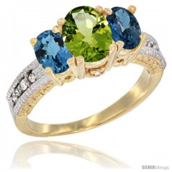 14k Yellow Gold Ladies Oval Natural Peridot 3-Stone Ring with London Blue Topaz Sides Diamond Accent