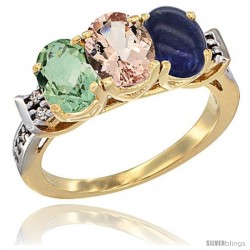 10K Yellow Gold Natural Green Amethyst, Morganite & Lapis Ring 3-Stone Oval 7x5 mm Diamond Accent