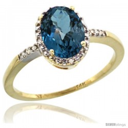 14k Yellow Gold Diamond London Blue Topaz Ring 1.17 ct Oval Stone 8x6 mm, 3/8 in wide