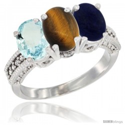 14K White Gold Natural Aquamarine, Tiger Eye & Lapis Ring 3-Stone Oval 7x5 mm Diamond Accent