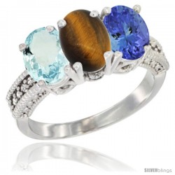 14K White Gold Natural Aquamarine, Tiger Eye & Tanzanite Ring 3-Stone Oval 7x5 mm Diamond Accent