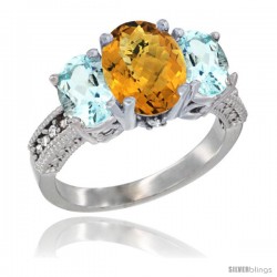 14K White Gold Ladies 3-Stone Oval Natural Whisky Quartz Ring with Aquamarine Sides Diamond Accent