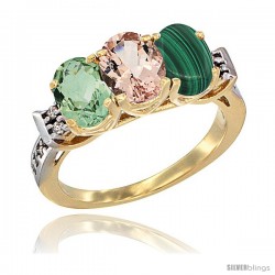 10K Yellow Gold Natural Green Amethyst, Morganite & Malachite Ring 3-Stone Oval 7x5 mm Diamond Accent