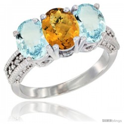 14K White Gold Natural Whisky Quartz & Aquamarine Sides Ring 3-Stone Oval 7x5 mm Diamond Accent