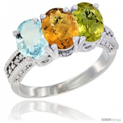 14K White Gold Natural Aquamarine, Whisky Quartz & Lemon Quartz Ring 3-Stone Oval 7x5 mm Diamond Accent