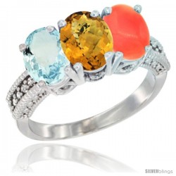 14K White Gold Natural Aquamarine, Whisky Quartz & Coral Ring 3-Stone Oval 7x5 mm Diamond Accent