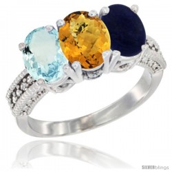 14K White Gold Natural Aquamarine, Whisky Quartz & Lapis Ring 3-Stone Oval 7x5 mm Diamond Accent