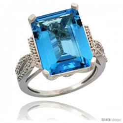 14k White Gold Diamond Swiss Blue Topaz Ring 12 ct Emerald Shape 16x12 Stone 3/4 in wide