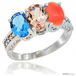 14K White Gold Natural Swiss Blue Topaz, Morganite & Coral Ring 3-Stone 7x5 mm Oval Diamond Accent