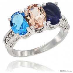 14K White Gold Natural Swiss Blue Topaz, Morganite & Lapis Ring 3-Stone 7x5 mm Oval Diamond Accent