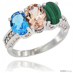 14K White Gold Natural Swiss Blue Topaz, Morganite & Malachite Ring 3-Stone 7x5 mm Oval Diamond Accent