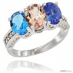 14K White Gold Natural Swiss Blue Topaz, Morganite & Tanzanite Ring 3-Stone 7x5 mm Oval Diamond Accent