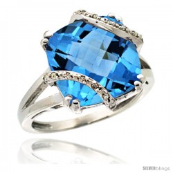 14k White Gold Diamond Swiss Blue Topaz Ring 7.5 ct Cushion Cut 12 mm Stone, 1/2 in wide