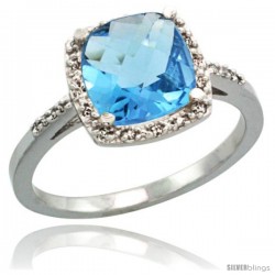 14k White Gold Diamond Swiss Blue Topaz Ring 2.08 ct Cushion cut 8 mm Stone 1/2 in wide