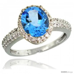 14k White Gold Diamond Swiss Blue Topaz Ring Oval Stone 9x7 mm 1.76 ct 1/2 in wide