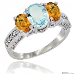 10K White Gold Ladies Oval Natural Aquamarine 3-Stone Ring with Whisky Quartz Sides Diamond Accent