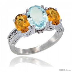 10K White Gold Ladies Natural Aquamarine Oval 3 Stone Ring with Whisky Quartz Sides Diamond Accent