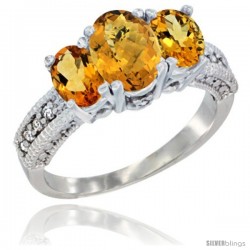 14k White Gold Ladies Oval Natural Whisky Quartz 3-Stone Ring with Citrine Sides Diamond Accent