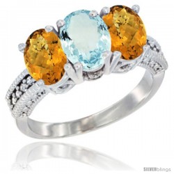 10K White Gold Natural Aquamarine & Whisky Quartz Sides Ring 3-Stone Oval 7x5 mm Diamond Accent