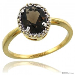 10k Yellow Gold Diamond Halo Smoky Topaz Ring 1.2 ct Oval Stone 8x6 mm, 1/2 in wide