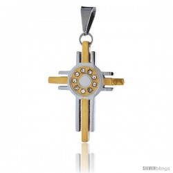 Stainless Steel Cross Pendant CZ Stones 2-tone Gold Finish, 1 5/16 in tall with 30 in chain