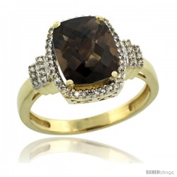 10k Yellow Gold Diamond Halo Smoky Topaz Ring 2.4 ct Cushion Cut 9x7 mm, 1/2 in wide