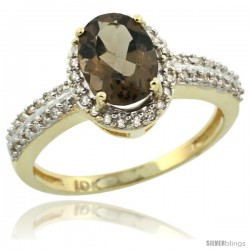 10k Yellow Gold Diamond Halo Smoky Topaz Ring 1.2 ct Oval Stone 8x6 mm, 3/8 in wide