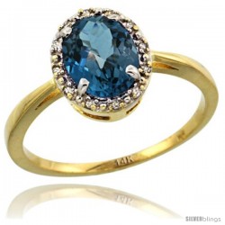 14k Yellow Gold Diamond Halo London Blue Topaz Ring 1.2 ct Oval Stone 8x6 mm, 1/2 in wide