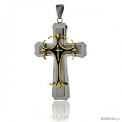 Stainless Steel Cross Fleury Pendant 2-tone Gold Finish Black Enamel, 2 1/4 in tall with 30 in chain