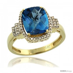 14k Yellow Gold Diamond Halo London Blue Topaz Ring 2.4 ct Cushion Cut 9x7 mm, 1/2 in wide