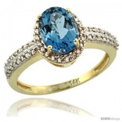 14k Yellow Gold Diamond Halo London Blue Topaz Ring 1.2 ct Oval Stone 8x6 mm, 3/8 in wide