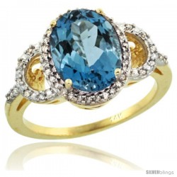 14k Yellow Gold Diamond Halo London Blue Topaz Ring 2.4 ct Oval Stone 10x8 mm, 1/2 in wide