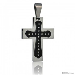 Stainless Steel Cross Pendant CZ Stones 2-tone Black Finish, 1 1/2 in tall with 30 in chain