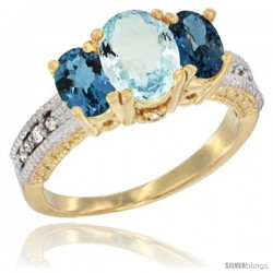 14k Yellow Gold Ladies Oval Natural Aquamarine 3-Stone Ring with London Blue Topaz Sides Diamond Accent