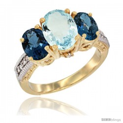 14K Yellow Gold Ladies 3-Stone Oval Natural Aquamarine Ring with London Blue Topaz Sides Diamond Accent