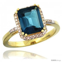 14k Yellow Gold Diamond London Blue Topaz Ring 2.53 ct Emerald Shape 9x7 mm, 1/2 in wide