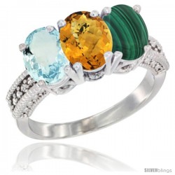 14K White Gold Natural Aquamarine, Whisky Quartz & Malachite Ring 3-Stone Oval 7x5 mm Diamond Accent