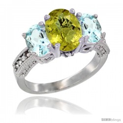 14K White Gold Ladies 3-Stone Oval Natural Lemon Quartz Ring with Aquamarine Sides Diamond Accent