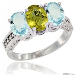 14K White Gold Natural Lemon Quartz & Aquamarine Sides Ring 3-Stone Oval 7x5 mm Diamond Accent