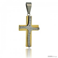 Stainless Steel Cross Pendant CZ Stones 2-tone Gold Finish, 1 3/4 in tall with 30 in chain