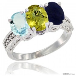 14K White Gold Natural Aquamarine, Lemon Quartz & Lapis Ring 3-Stone Oval 7x5 mm Diamond Accent