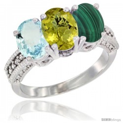 14K White Gold Natural Aquamarine, Lemon Quartz & Malachite Ring 3-Stone Oval 7x5 mm Diamond Accent